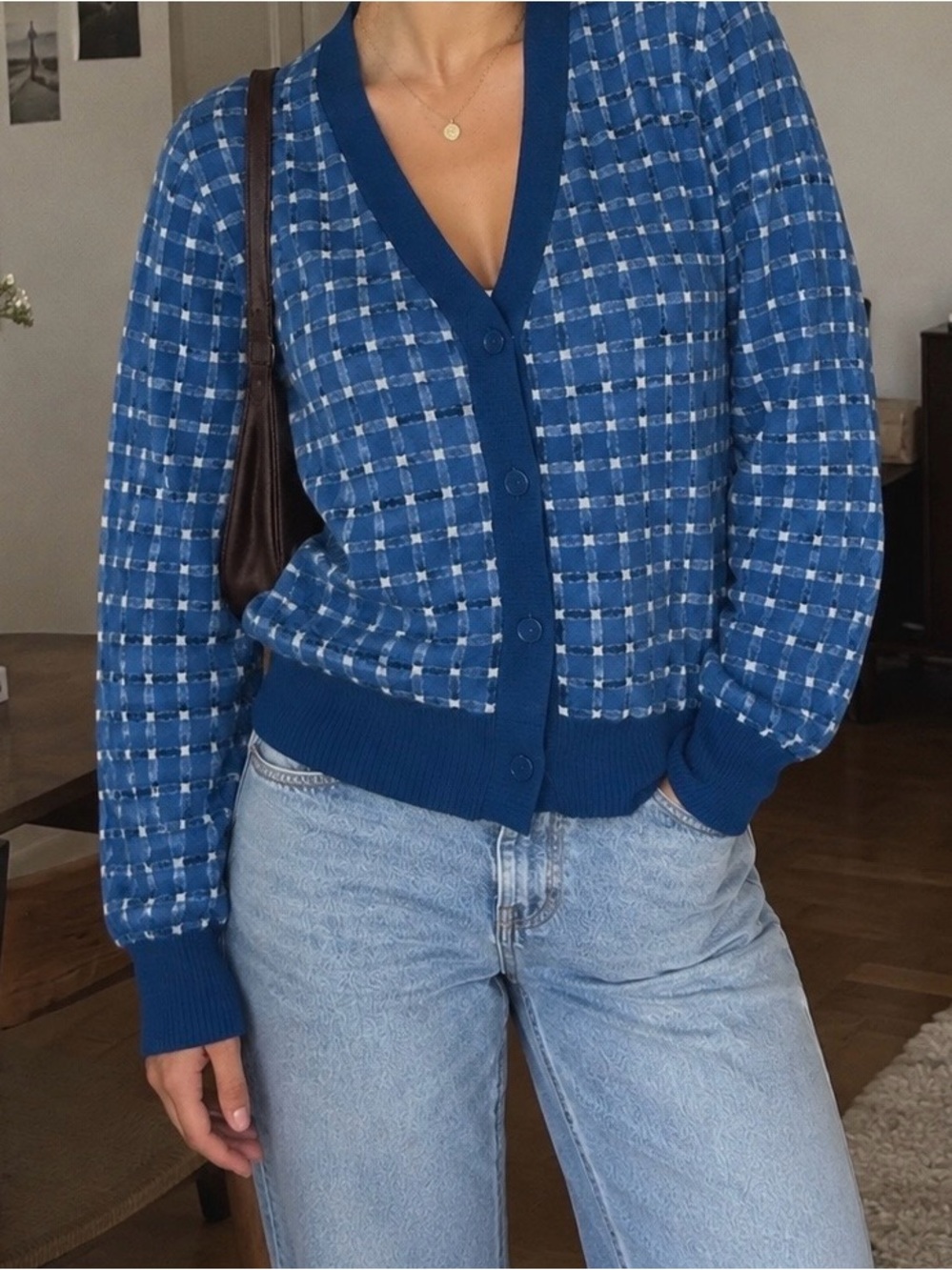 Blue Plaid V-Neck Women's Cardigan